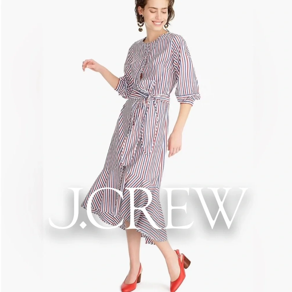 J. Crew Gabriola Ruffled Striped Cotton Shirt Midi Dress Spring Event 10